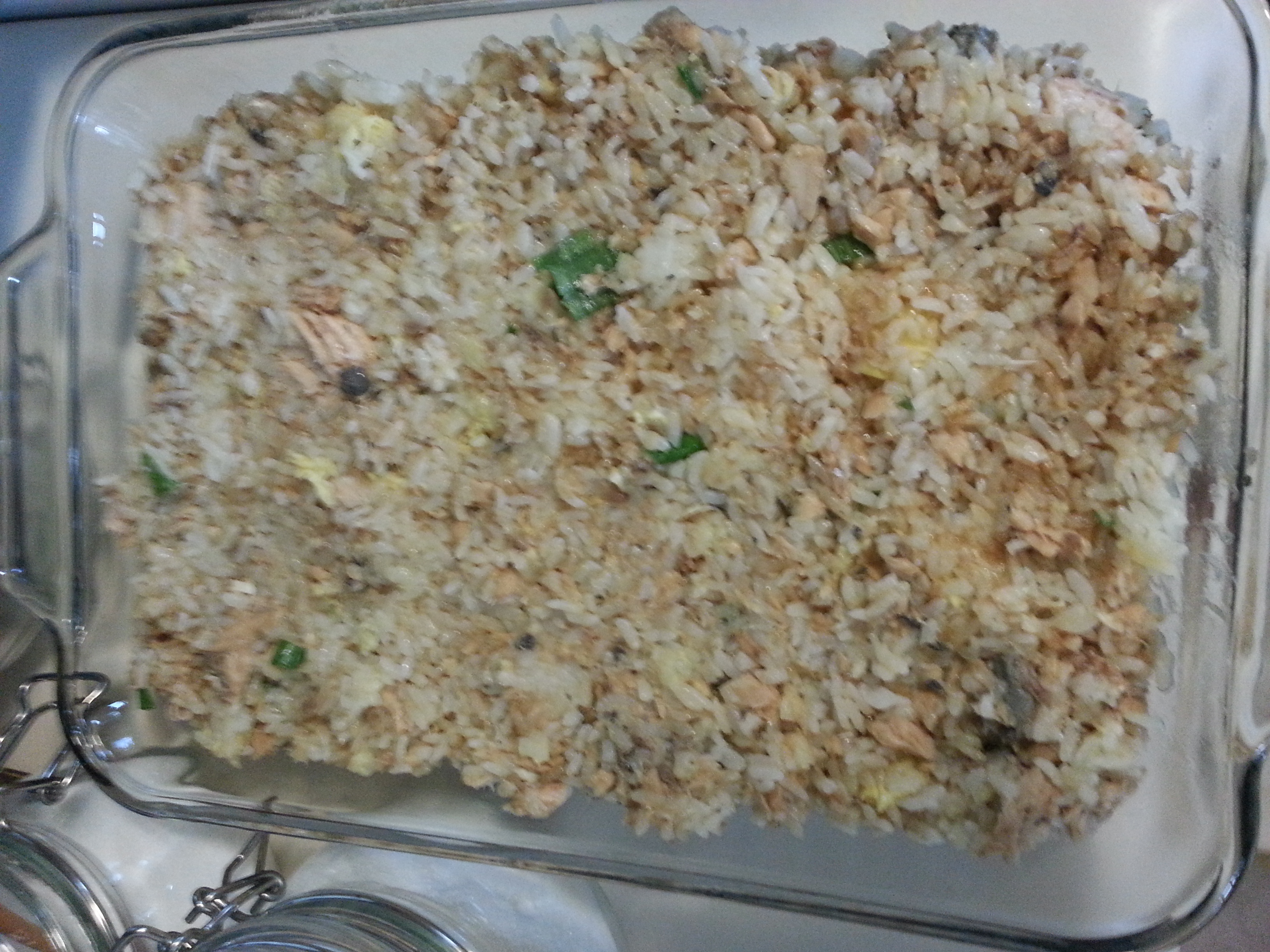 Salmon Fried Rice in Pyrex
